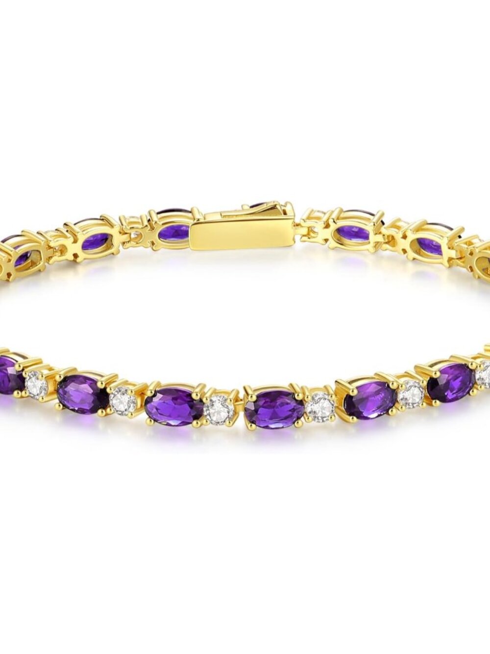 Elegant 14K Gold Plated Birthstone Tennis Bracelet with Created Amethyst - 7"
